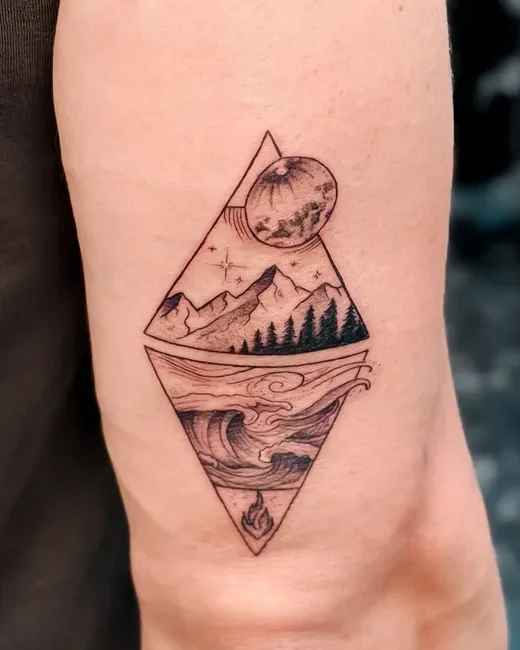 Memória da Madeira mountain, sea and moon geometric tattoo on the arm