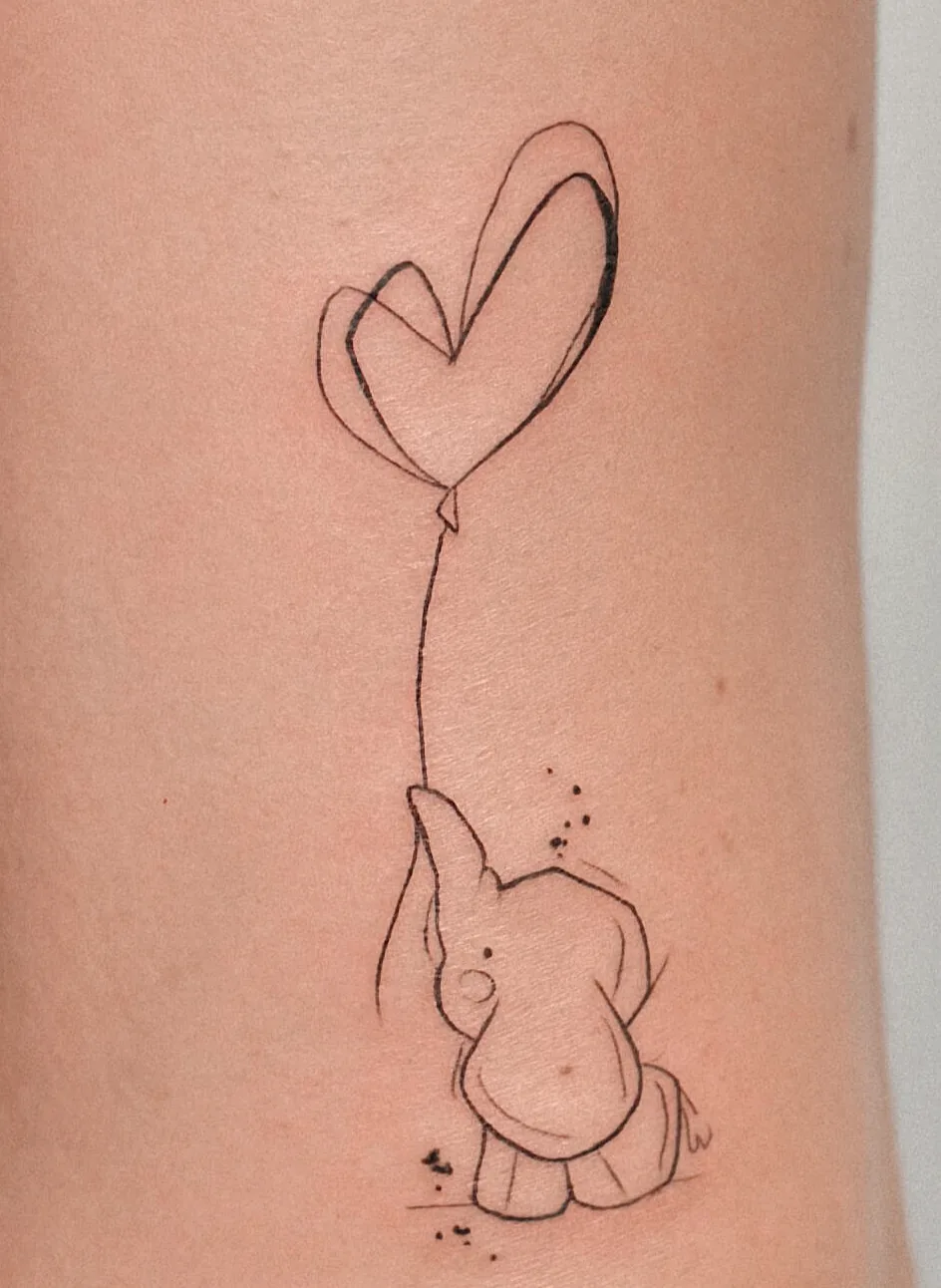 Fine line elephant balloon tattoo by Hugo Gonzalez