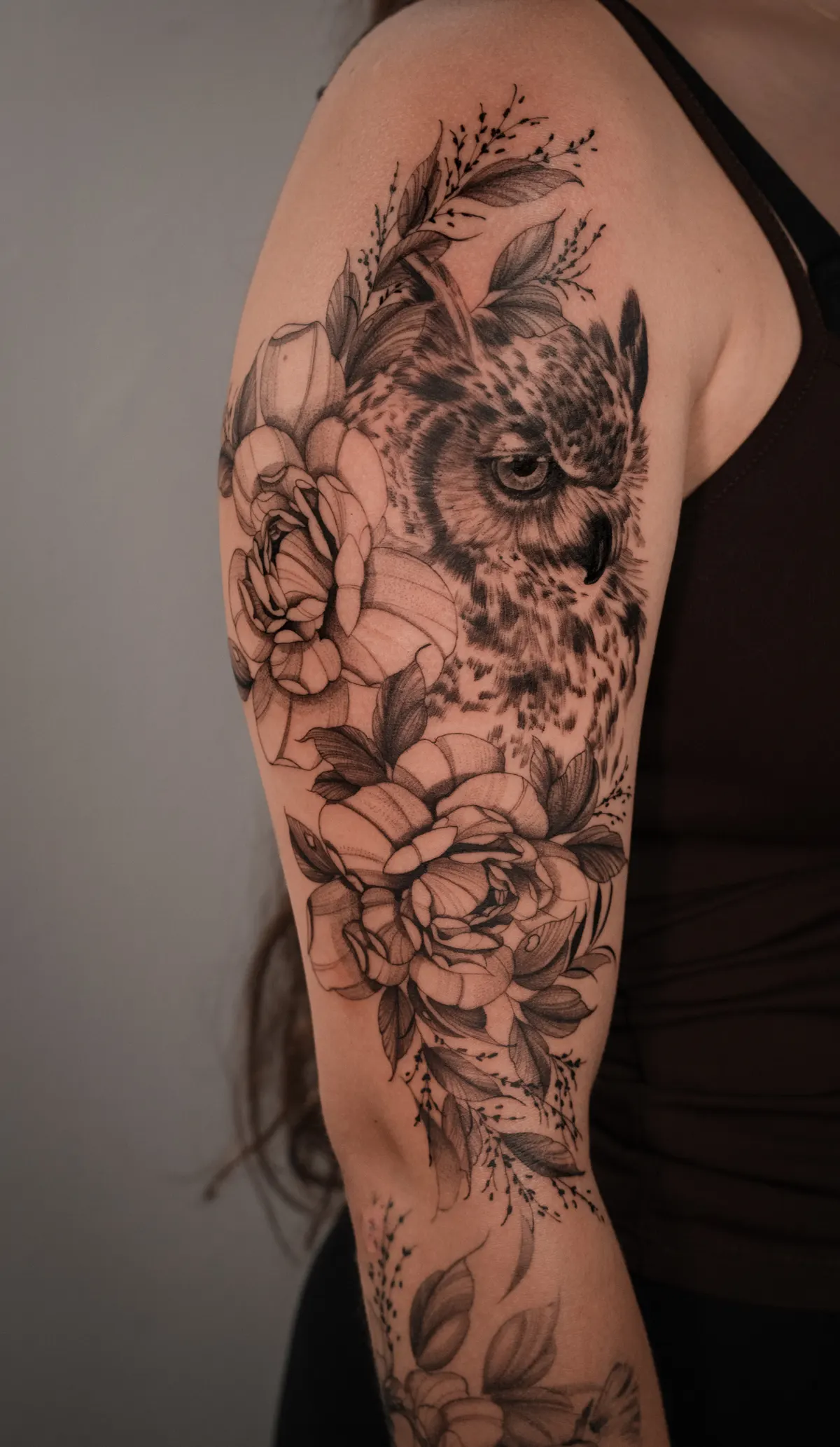 Owl and peonies floral tattoo by Hugo Gonzalez