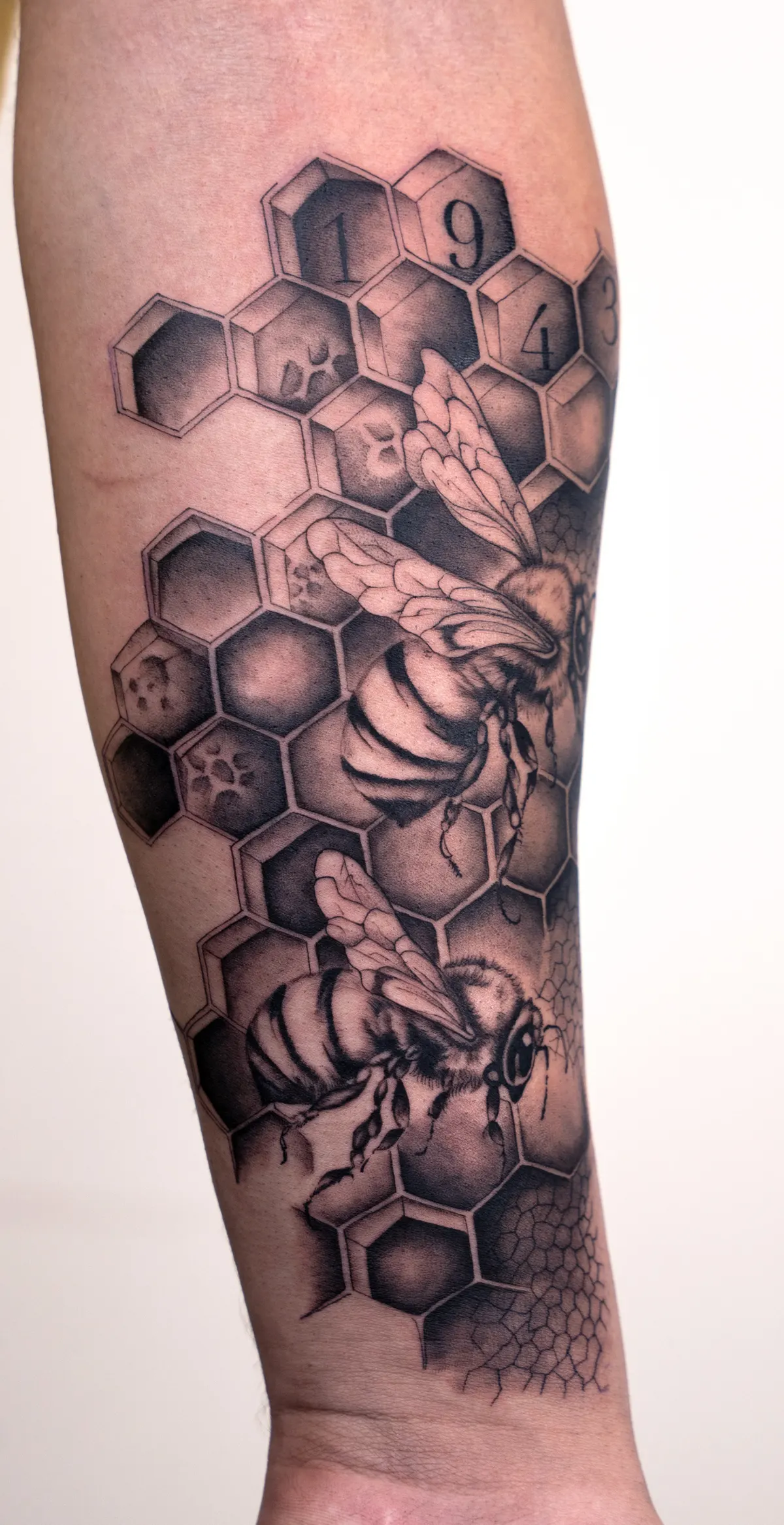 Bee and honeycomb realism tattoo by Hugo Gonzalez